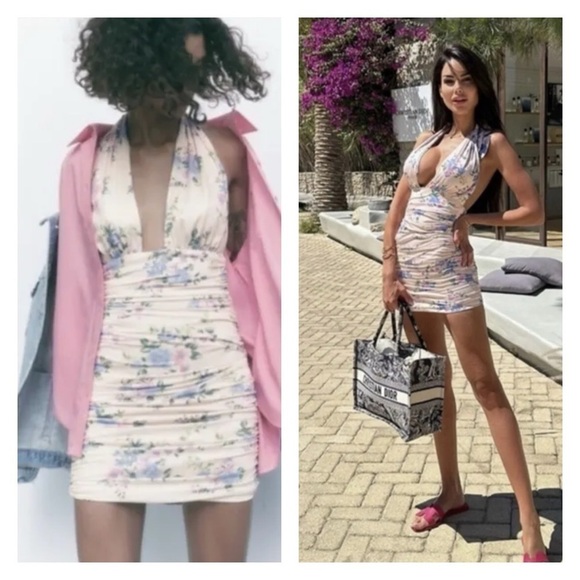 ZARA Light Pink Floral Halter Neck Open Back Ruched Bodycon Mini Dress Medium - Picture 4 of 14